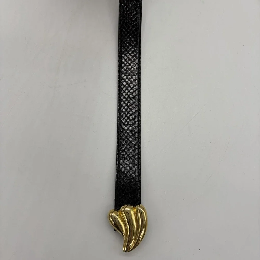 Vintage 80's Womens M/L Belt Black Genuine Snakeskin Sculptural Gold Tone Buckle